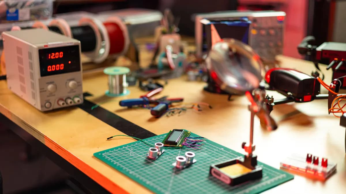 Electronics workbench with a powered test board and bench power supply