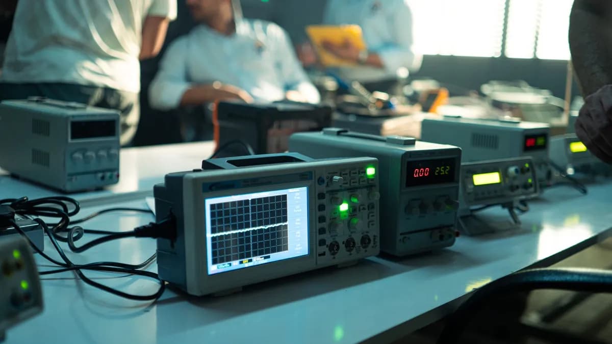 RF test bench with oscilloscope and electronic instruments